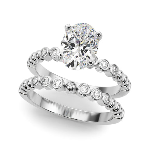 Platinum Oval Solitaire Bezel Accent Diamond Engagement Ring with Beaded Band and Four-Prong Setting
