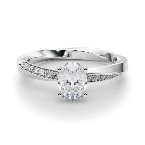 Platinum Oval Solitaire Diamond Engagement Ring with Side Stone Accents and Four-Prong Setting