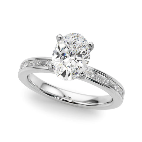 Platinum Oval Solitaire Diamond Ring with Channel-Set Baguette Band and Four-Prong Setting