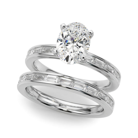 Platinum Oval Solitaire Diamond Ring with Channel-Set Baguette Band and Four-Prong Setting