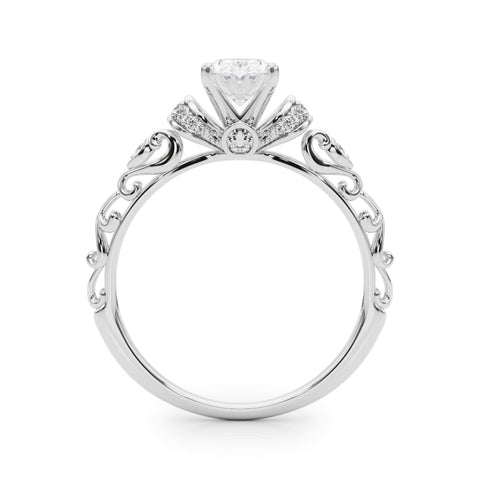 Platinum Oval Solitaire Diamond Ring with Filigree Band and Four-Prong Setting