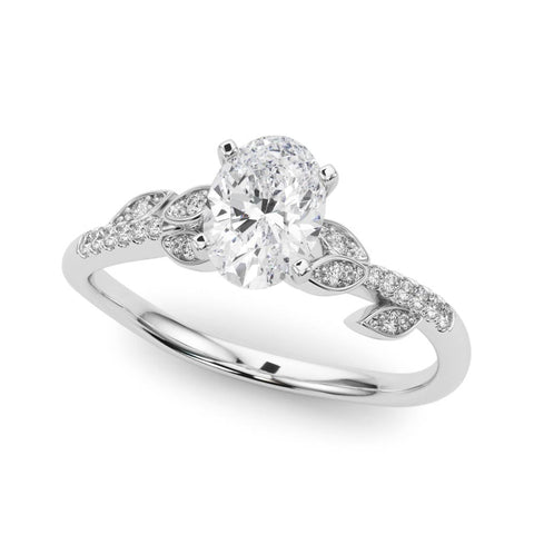 Platinum Oval Solitaire Leaf-Inspired Diamond Ring with Pavé Band and Four-Prong Setting