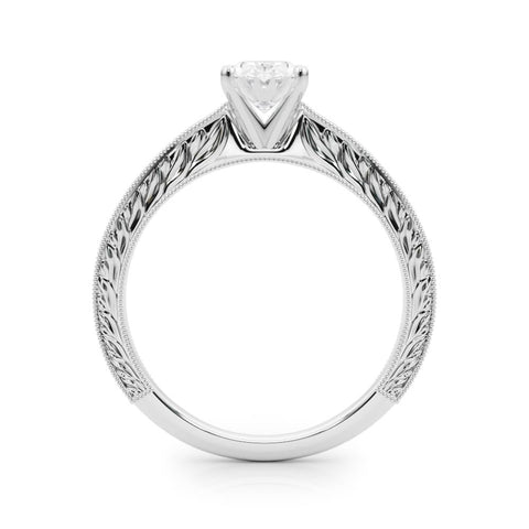 White gold Oval Solitaire Milgrain Engraved Band with Four-Prong Setting