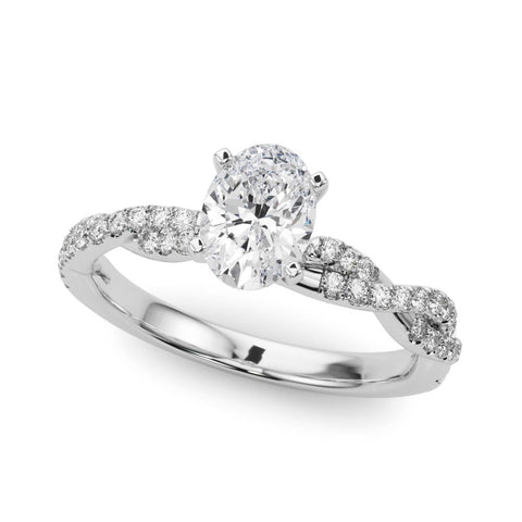 White gold Oval Solitaire Twisted Pave Band with Four-Prong Setting