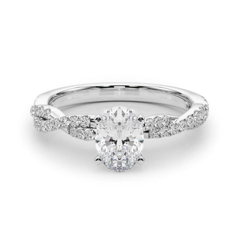 White gold Oval Solitaire Twisted Pave Band with Four-Prong Setting