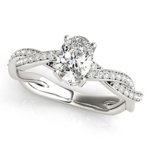 White gold Oval Solitaire Twisted Pave Diamond Ring with Four-Prong Setting