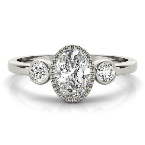 White gold Oval Three-Stone Bezel Set Diamond Ring with Solitaire Band