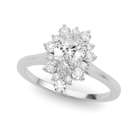 Platinum Pear-Cut Diamond Halo Solitaire Ring with Round Brilliant Halo and Prong Setting