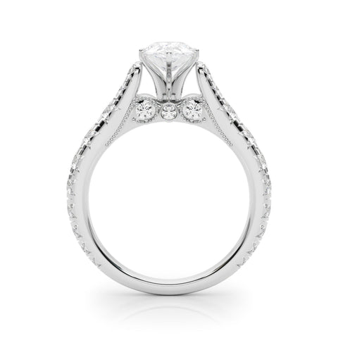 White gold Pear Cut Diamond Pavé Band Solitaire with Four-Prong Setting