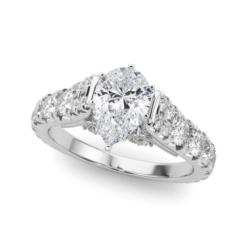 White gold Pear Cut Diamond Pavé Band Solitaire with Four-Prong Setting