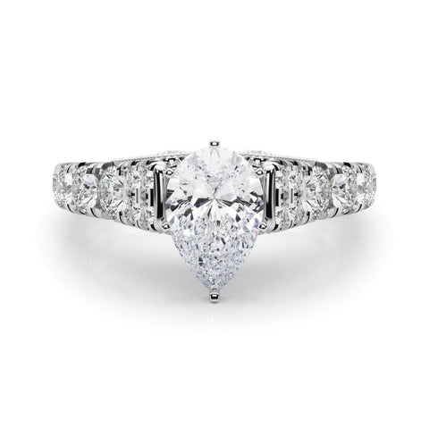 White gold Pear Cut Diamond Pavé Band Solitaire with Four-Prong Setting