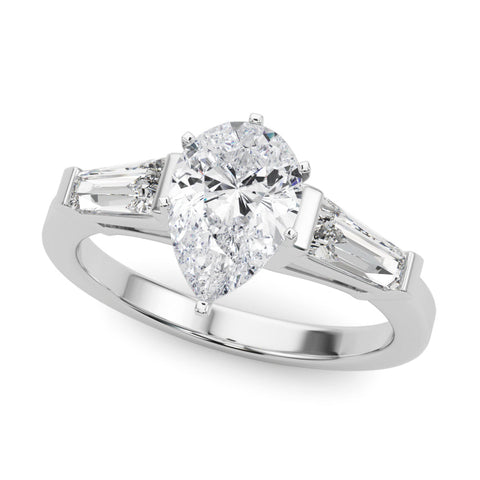 White gold Pear Cut Diamond Solitaire Ring with Tapered Baguette Accents and Six-Prong Setting