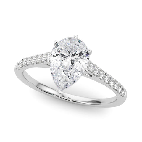 White gold Pear Cut Solitaire Diamond Ring with Pave Band and Four-Prong Setting
