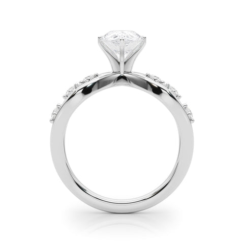 White gold Pear Cut Solitaire Diamond with Side Stones on Criss-Cross Band and Four-Prong Setting