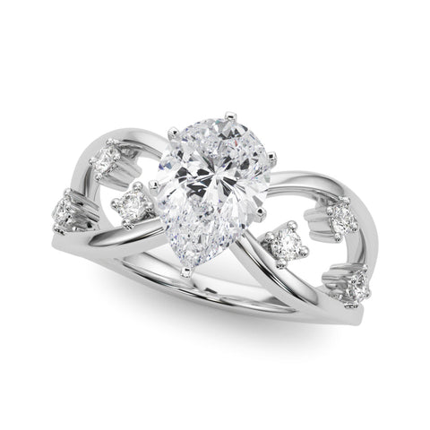 White gold Pear Cut Solitaire Diamond with Side Stones on Criss-Cross Band and Four-Prong Setting