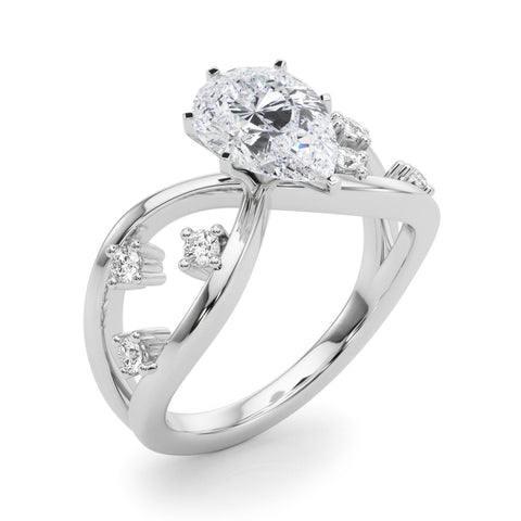 Platinum Pear Cut Solitaire Diamond with Side Stones on Criss-Cross Band and Four-Prong Setting