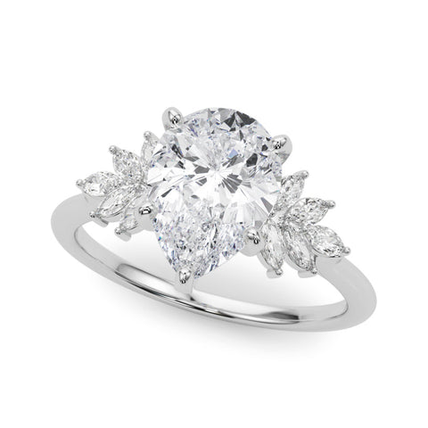 White gold Pear Diamond Floral Side Stone Solitaire with Marquise Accents and Four-Prong Setting