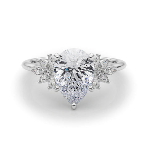 White gold Pear Diamond Floral Side Stone Solitaire with Marquise Accents and Four-Prong Setting