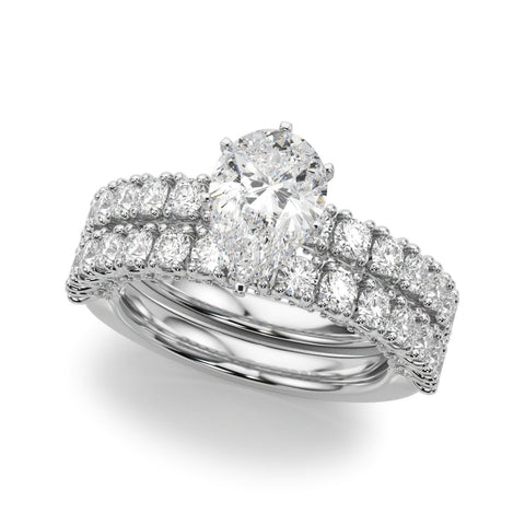 White gold Pear Diamond Pavé Band Solitaire Ring with Four-Prong Setting