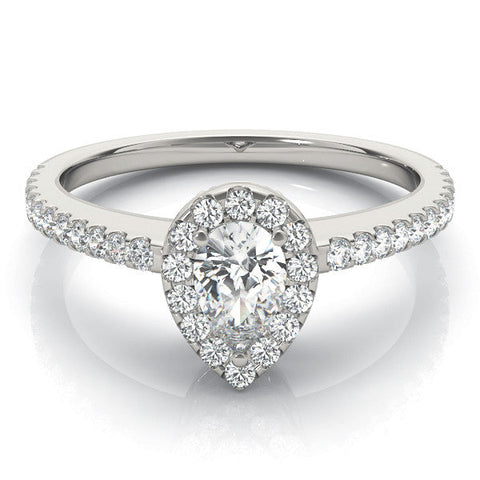 Platinum Pear Halo Diamond Engagement Ring with Pavé Band and Prong Setting