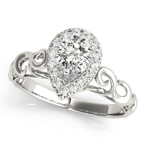 White gold Pear Halo Scrollwork Engagement Ring with Prong Setting