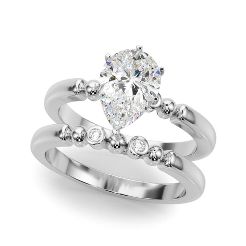 Platinum Pear Solitaire Beaded Band with Four-Prong Setting