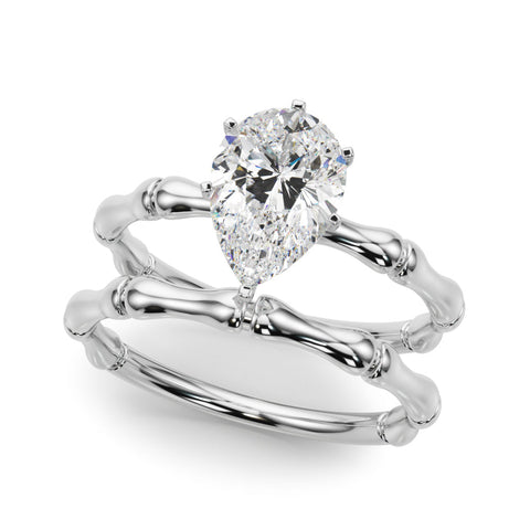 Platinum Pear Solitaire Diamond Ring with Bamboo Band and Four-Prong Setting