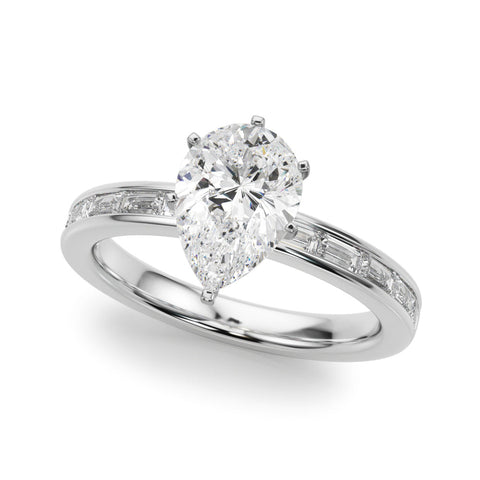 Platinum Pear Solitaire Diamond Ring with Channel-Set Baguette Band and Four-Prong Setting
