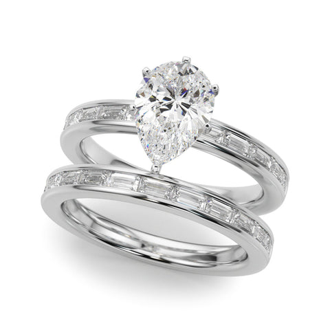 Platinum Pear Solitaire Diamond Ring with Channel-Set Baguette Band and Four-Prong Setting