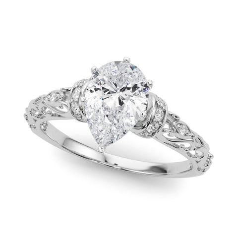 Platinum Pear Solitaire Diamond Ring with Filigree Band and Four-Prong Setting