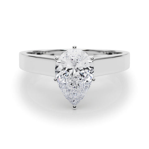 White gold Pear Solitaire Engagement Ring with Six-Prong Setting and Tapered Band