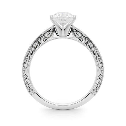 White gold Pear Solitaire Milgrain Engraved Band with Four-Prong Setting