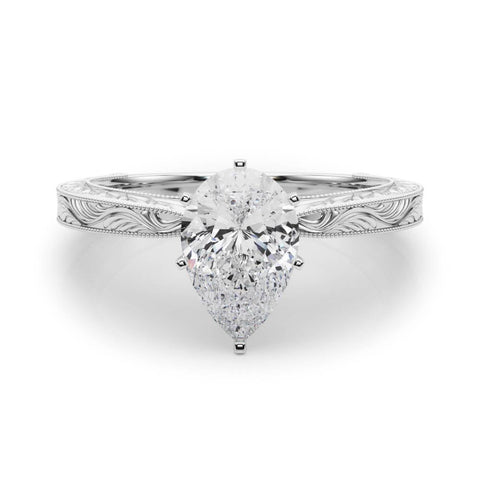 White gold Pear Solitaire Milgrain Engraved Band with Four-Prong Setting