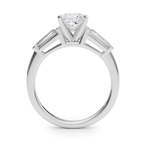 Platinum Princess Cut Diamond Solitaire Ring with Tapered Baguette Accents and Four-Prong Setting