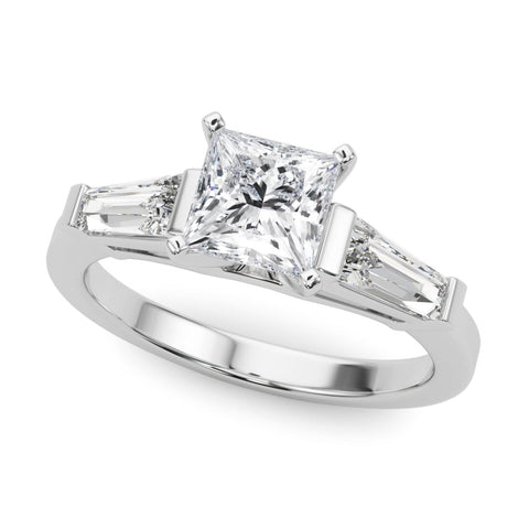 Platinum Princess Cut Diamond Solitaire Ring with Tapered Baguette Accents and Four-Prong Setting