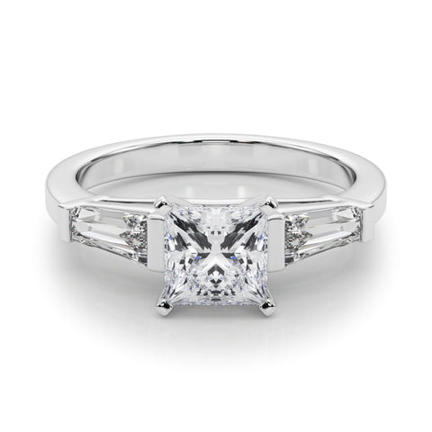 Platinum Princess Cut Diamond Solitaire Ring with Tapered Baguette Accents and Four-Prong Setting