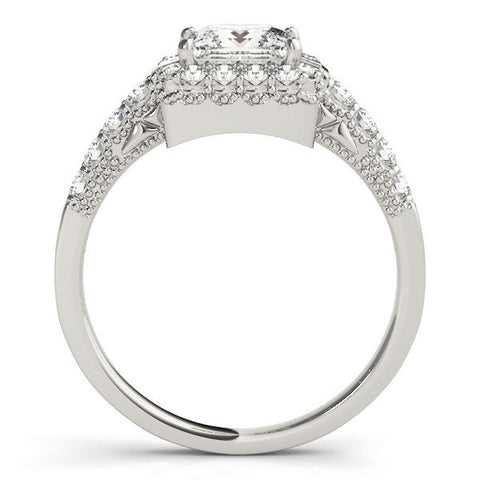 Platinum Princess Cut Halo Diamond Engagement Ring with Pavé Band and Four-Prong Setting