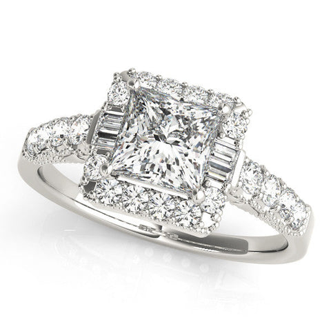 Platinum Princess Cut Halo Diamond Engagement Ring with Pavé Band and Four-Prong Setting