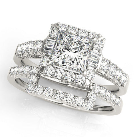Platinum Princess Cut Halo Diamond Engagement Ring with Pavé Band and Four-Prong Setting