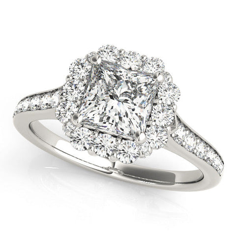 White gold Princess Cut Halo Diamond Engagement Ring with Pave Band and Four-Prong Setting