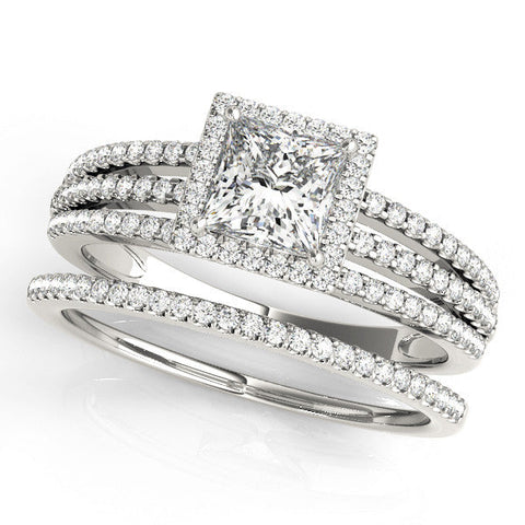Platinum Princess Cut Halo Diamond Engagement Ring with Split Shank and Four-Prong Setting