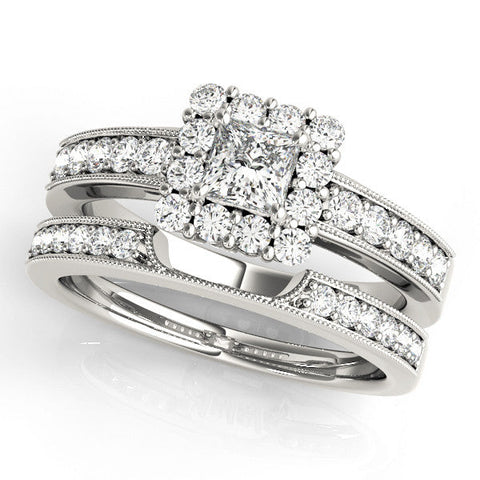 Platinum Princess Cut Halo Diamond Pavé Engagement Ring with Milgrain Detailing