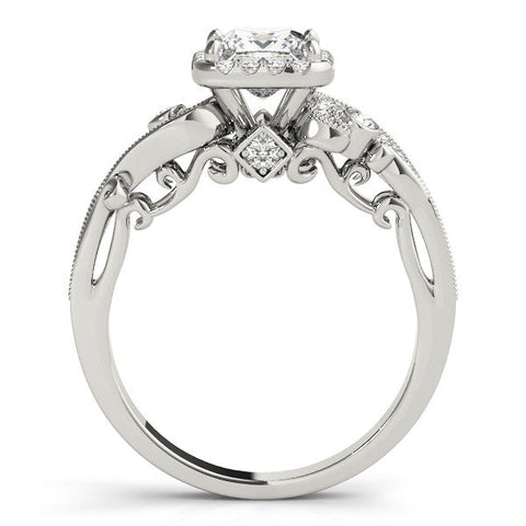 White gold Princess Cut Halo Diamond Ring with Milgrain Pave Band and Four-Prong Setting