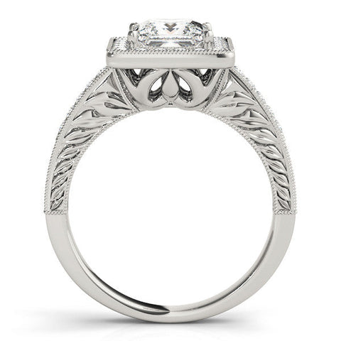 White gold Princess Cut Halo Diamond Ring with Pave Band and Four-Prong Setting