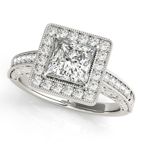 White gold Princess Cut Halo Diamond Ring with Pave Band and Four-Prong Setting