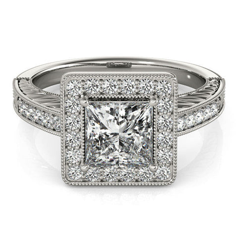 White gold Princess Cut Halo Diamond Ring with Pave Band and Four-Prong Setting