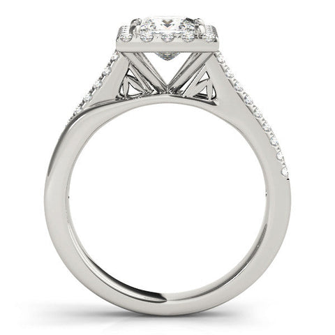 Platinum Princess Cut Halo Diamond Ring with Split Shank and Four-Prong Setting