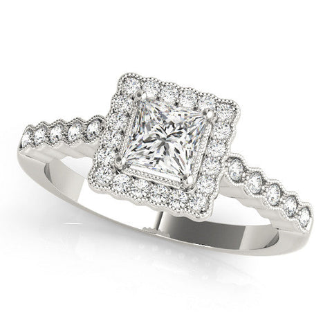 White gold Princess Cut Halo Pavé Solitaire Ring with Milgrain Band