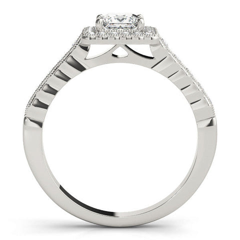 Platinum Princess Cut Halo Pavé Solitaire Ring with Milgrain Band
