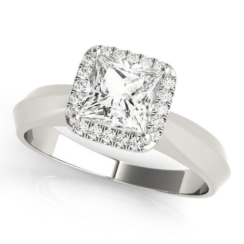 Platinum Princess Cut Halo Solitaire Engagement Ring with Square Band and Four-Prong Setting